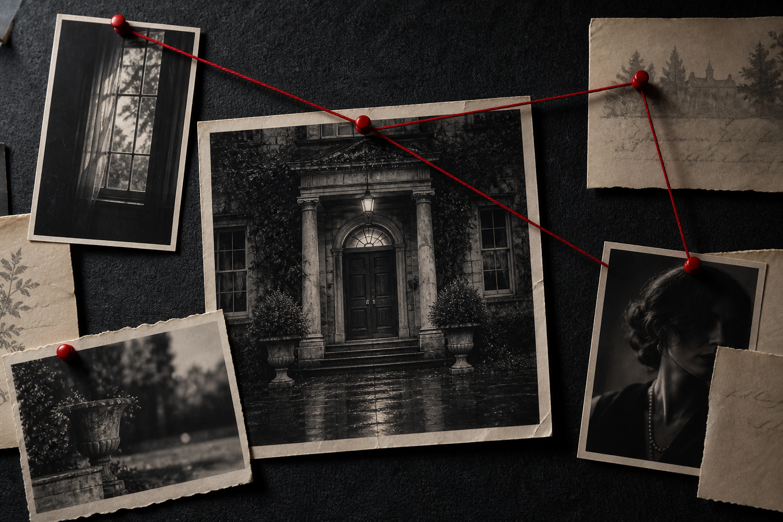 Cream evidence notes and fictional photographs connected by crimson thread on a dark investigation board